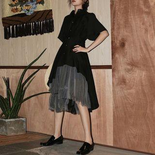 Short-sleeve Asymmetric Shirt / Sleeveless Mesh Dress