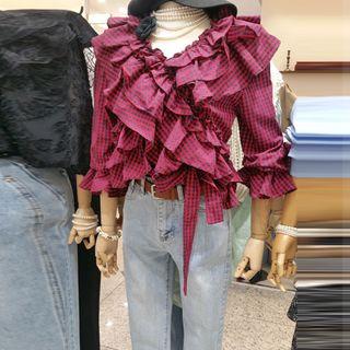 Ruffled Gingham Tie-front Blouse