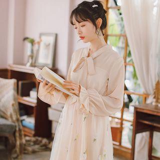 Bow Accent Embroidered Long-sleeve Midi A-line Dress