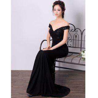 Rhinestone Off Shoulder Evening Gown