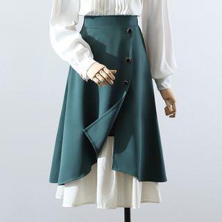 Puff-sleeve Pintuck Blouse / Midi A-line Layered Skirt