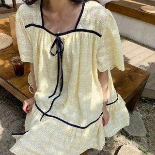 Elbow-sleeve Bow Floral Smock Dress