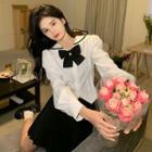Puff-sleeve Bow Blouse / Bow Tie / Pleated A-line Skirt / Set