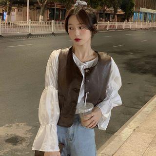 Flared-cuff Plain Tie-strap Blouse / Faux Leather Button-up Vest