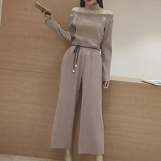 Set: Plain Off Shoulder Long Sleeve Top + Plain Wide Leg Pants