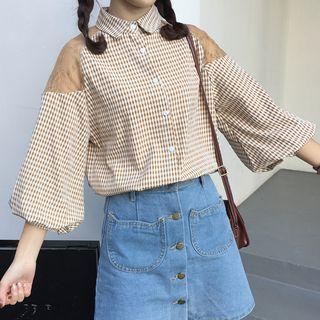 3/4-sleeve Lace Panel Plaid Shirt