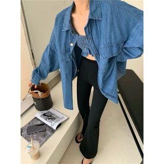 Strapless Top / Denim Shirt / Boot Cut Pants