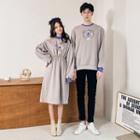 Couple Matching Cold-shoulder Cartoon Print Sweatshirt Dress / Sweatshirt / Straight Leg Pants
