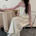 Long-sleeve T-shit / Floral Print Midi Overall Dress