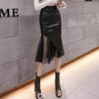 High-waist Faux Leather Slim Fit Sheer Panel Skirt