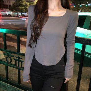 Long-sleeve Square-neck Plain Asymmetrical Hem Top