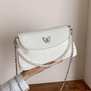 Faux Pearl Strap Butterfly Crossbody Bag