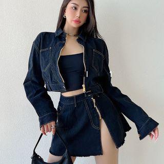 Zip Crop Denim Jacket / A-line Slit Denim Skirt