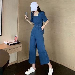 Short-sleeve Denim Straight-fit Belted Jumpsuit
