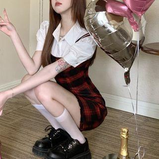 Puff-sleeve Blouse / Spaghetti Strap Plaid Mini Bodycon Dress