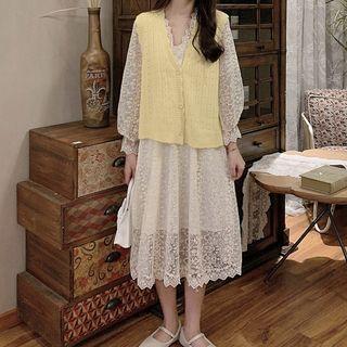 Long-sleeve Midi A-line Lace Dress / Knit Vest