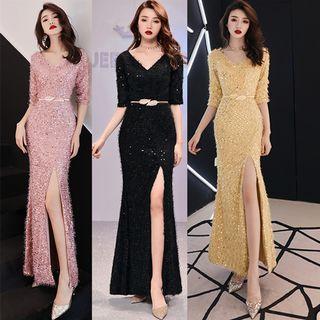 Sequined Elbow-sleeve Slit Mermaid Evening Gown