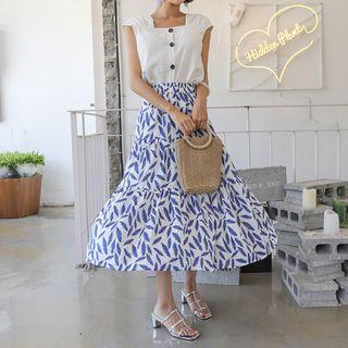Set: Sleeveless Shirred-trim Blouse + Band-waist Pattern Midi Skirt