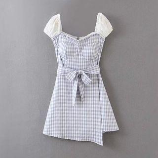 Gingham Panel Ruffle Trim Mini A-line Dress