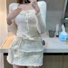 Long-sleeve Mock Two-piece T-shirt / Cable-knit Mini Pencil Skirt