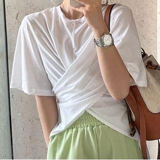 Short-sleeve Crew Neck Asymmetrical T-shirt White - One Size