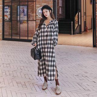 Open-placket Checked Long Dress One Size