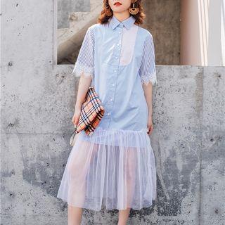 Elbow-sleeve Mesh Paneled Midi Shirt Dress