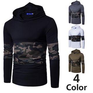 Hooded Camo Panel Long-sleeve T-shirt