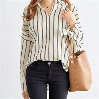 Collared Long-sleeve Tie-cuff Open-placket Striped Top