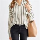 Collared Long-sleeve Tie-cuff Open-placket Striped Top