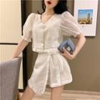 Set: V-neck Puff-sleeve Top + Asymmetric Skorts