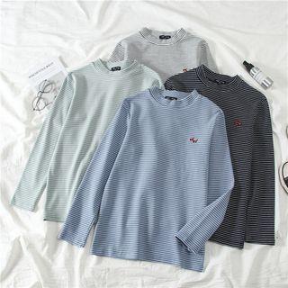Long-sleeve Mock-neck Embroidered Striped T-shirt