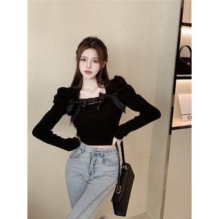 Puff-sleeve Ribbon Crop Knit Top
