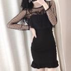 Set: Long-sleeve Cropped Lace Top + Ruffle Hem Strapless Mini Bodycon Dress