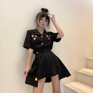 Flower Embroidered Short-sleeve Shirt / Asymmetric A-line Skirt