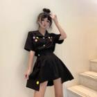 Flower Embroidered Short-sleeve Shirt / Asymmetric A-line Skirt
