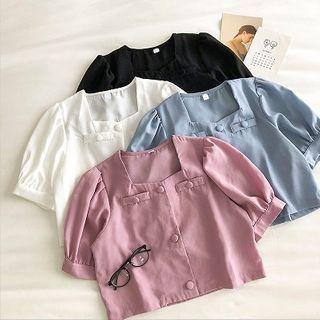 Plain Square-neck Single-breasted Puff-sleeve Blouse