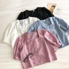 Plain Square-neck Single-breasted Puff-sleeve Blouse