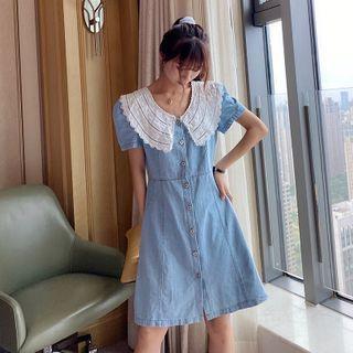 Collared Puff-sleeve Mini A-line Denim Dress Dress - One Size