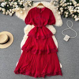 Puff-sleeve Round-neck Lace Panel Chiffon Dress