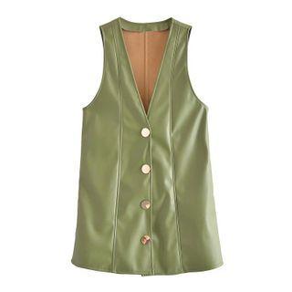 Sleeveless Button-up Faux Leather Mini Dress