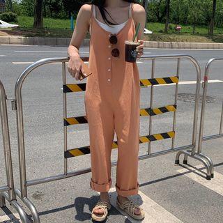 Buttoned Spaghetti Strap Wide-leg Jumpsuit Tangerine - One Size