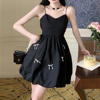 Spaghetti Strap Faux Pearl Bow A-line Dress Black - One Size