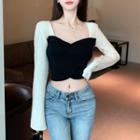 Long-sleeve Cropped Two-tone Knit Top
