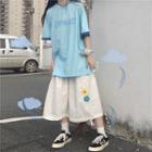 Contrast Trim Letter Printed T-shirt / High-waist Floral Embroidered Skirt