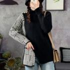 Houndstooth Panel High-neck Knit Top Black - One Size