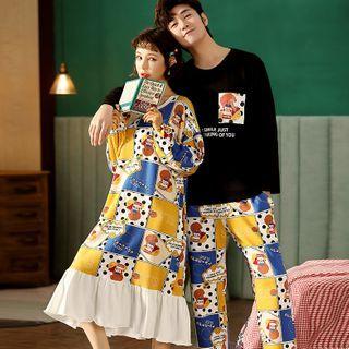 Couple Matching Loungewear Set : Cartoon Print Long-sleeve Top + Pants / Long-sleeve Sleep Dress