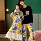 Couple Matching Loungewear Set : Cartoon Print Long-sleeve Top + Pants / Long-sleeve Sleep Dress