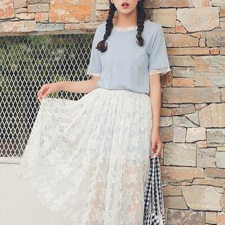 Set: Lace Trim Short Sleeve Top + Lace Midi Skirt