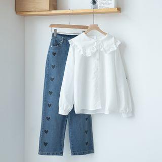 Ruffle Trim Blouse / Heart Straight Leg Jeans